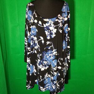 Liz Claiborne Career Women's 2X Blue Floral 3/4 Sleeve Blouse Tunic Retro Party